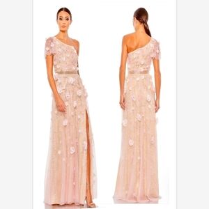 NWT Mac Duggal One Shoulder Blush Gold Floral 9165 $998